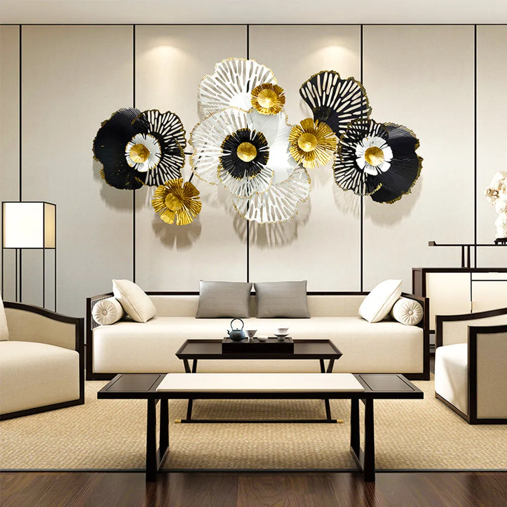 Black &amp; White With A Dash Of Gold Wild Large Floral Metal Wall Art