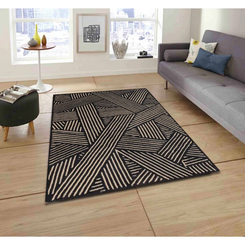 Black & Beige Broad Criss Cross Patterened Tufted Area Carpet