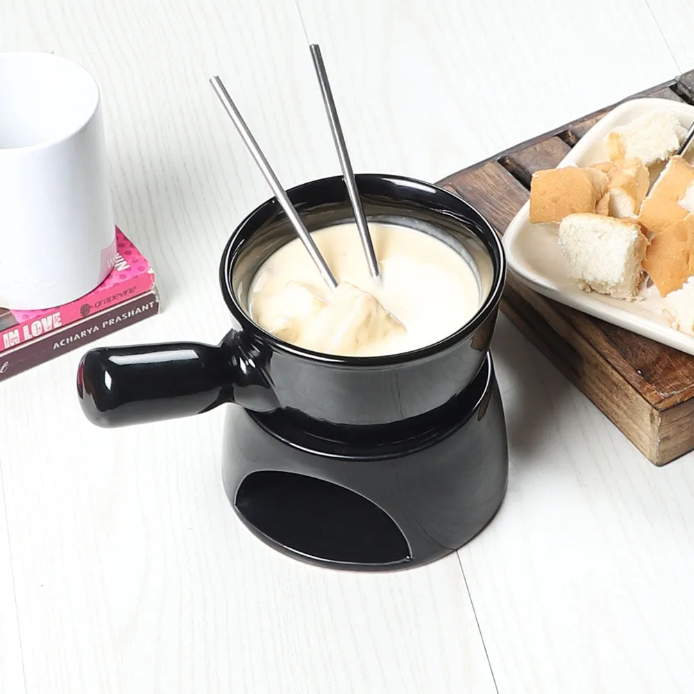 Black Classic Fondue Set With Plates & Sticks