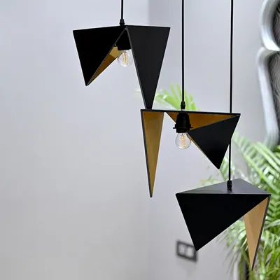 Black & Gold Geometric Handpainted Triple Cluster Hanging Light