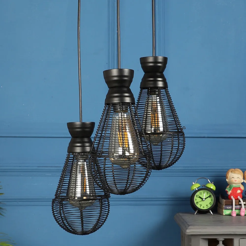 Black Metal Caged Bulb Shape Decorative Cluster Hanging Light