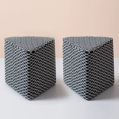 Black Patterned Triangular  Cotton Pouffe Stool Set Of 2