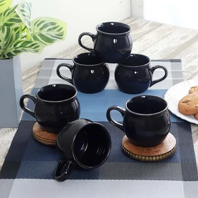Black Pot Shaped Glossy Tea Cups Set Of 6