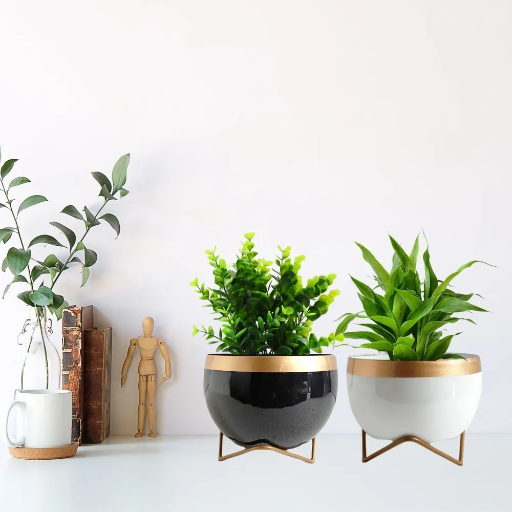 Black & White 12 Inches Metal Planter With Stand Set Of 2