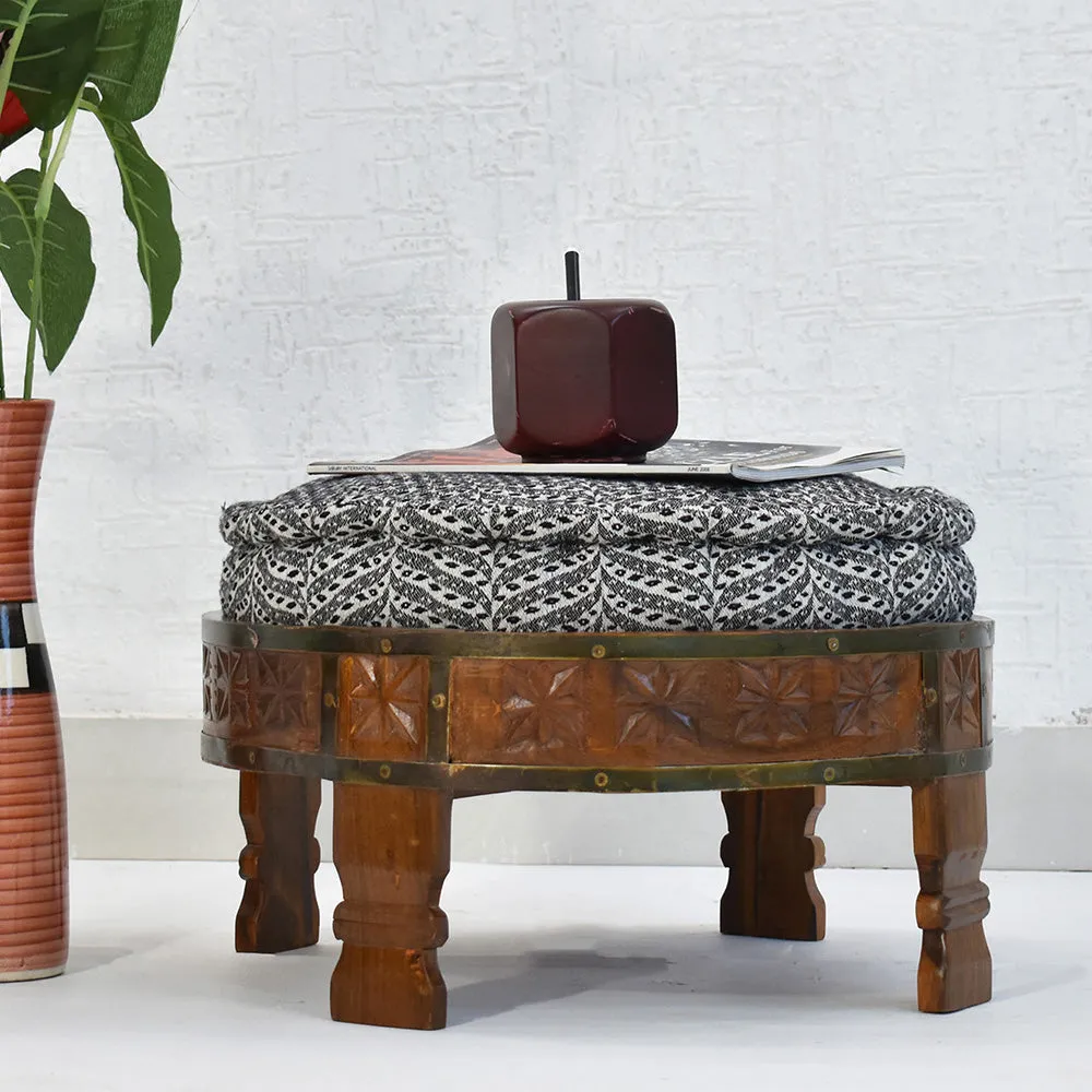 Black & White Patterned Upholstered Natural Brown Carved Wooden Ottoman