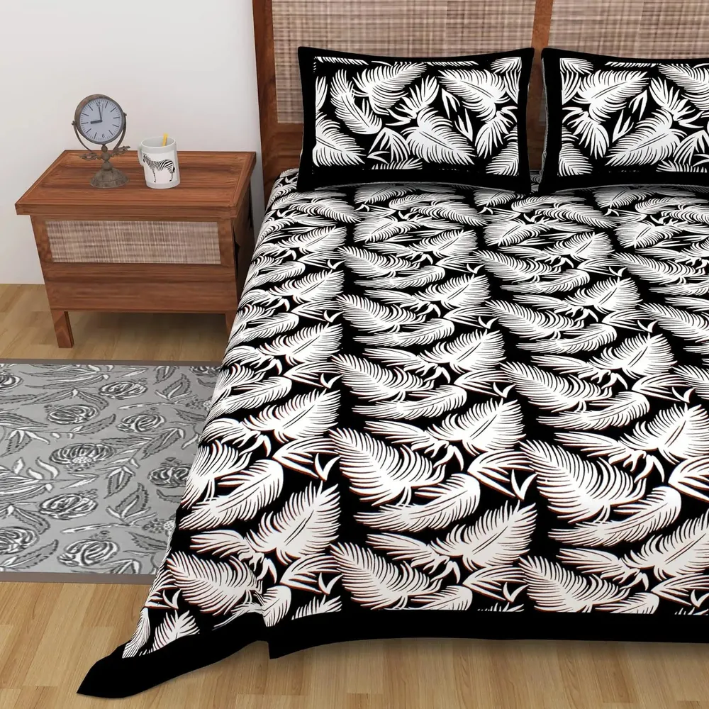 Black & White Printed 144 TC Cotton Double Bedsheet with Pillow Covers