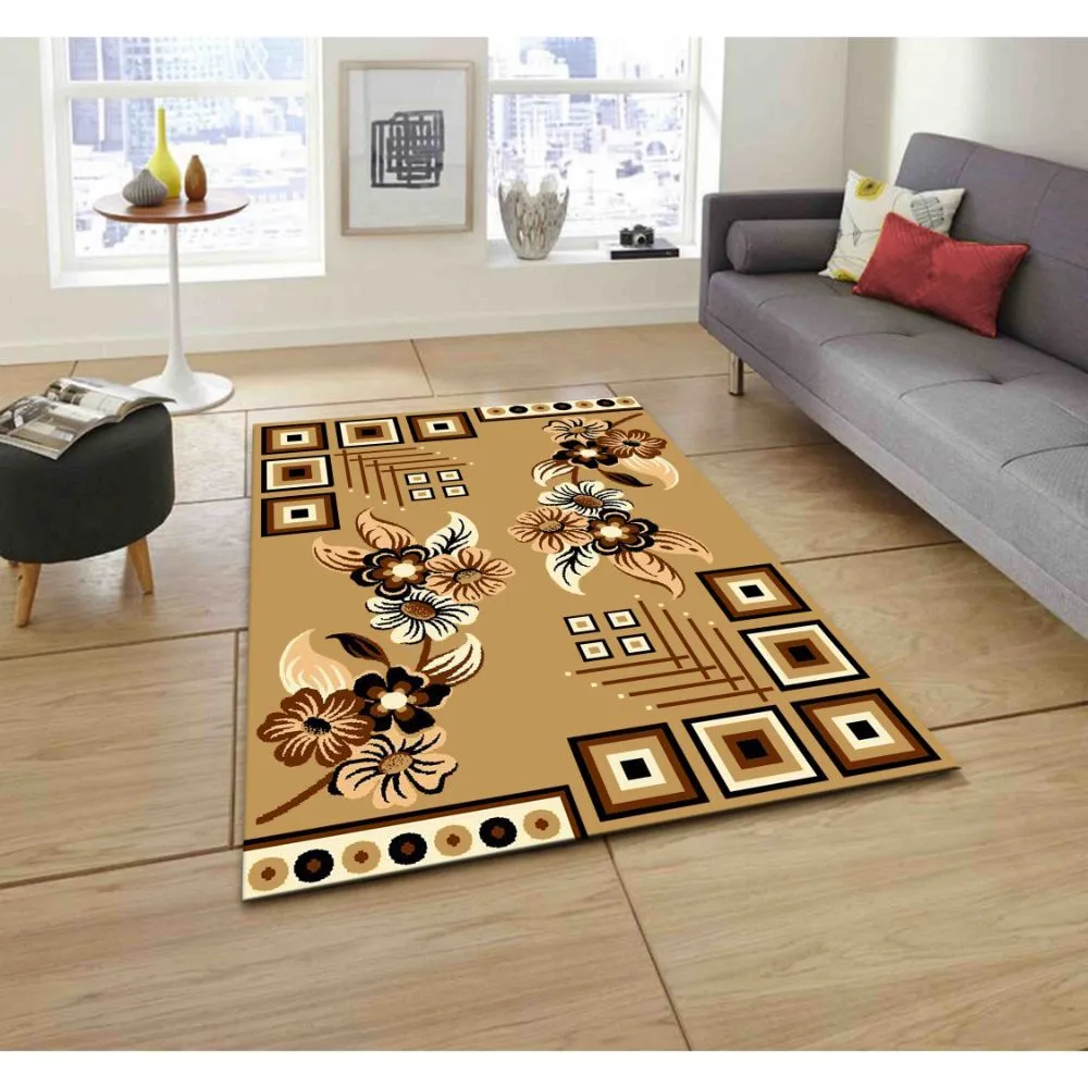 Blocks & Florals Designer Golden Polyester Area Carpet