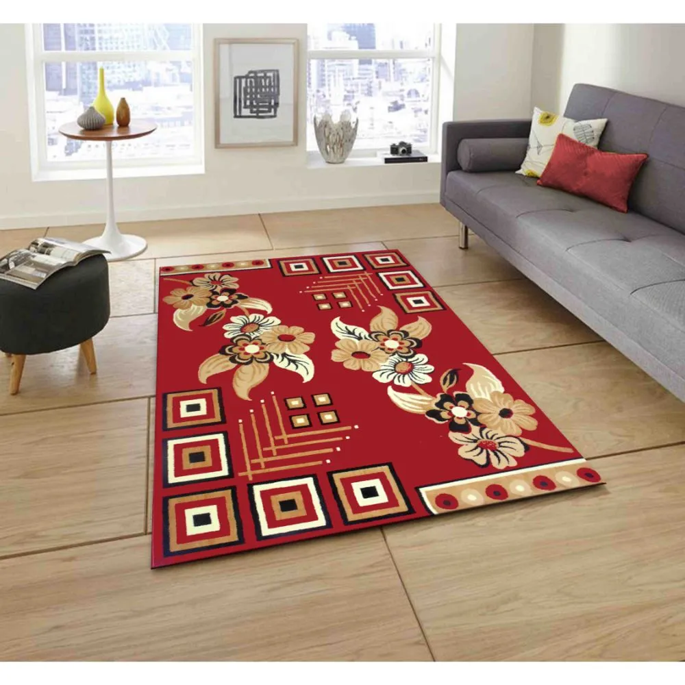 Blocks & Florals Designer Red Polyester Area Carpet