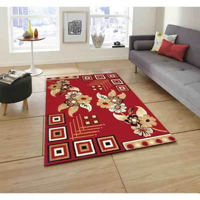 Blocks & Florals Designer Red Polyester Area Carpet