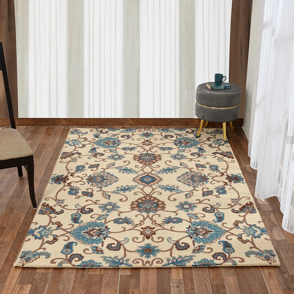 Blue & Cream Traditional Print Hand Tufted Wool Carpet for Living Room
