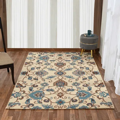 Blue & Cream Traditional Print Hand Tufted Wool Carpet for Living Room