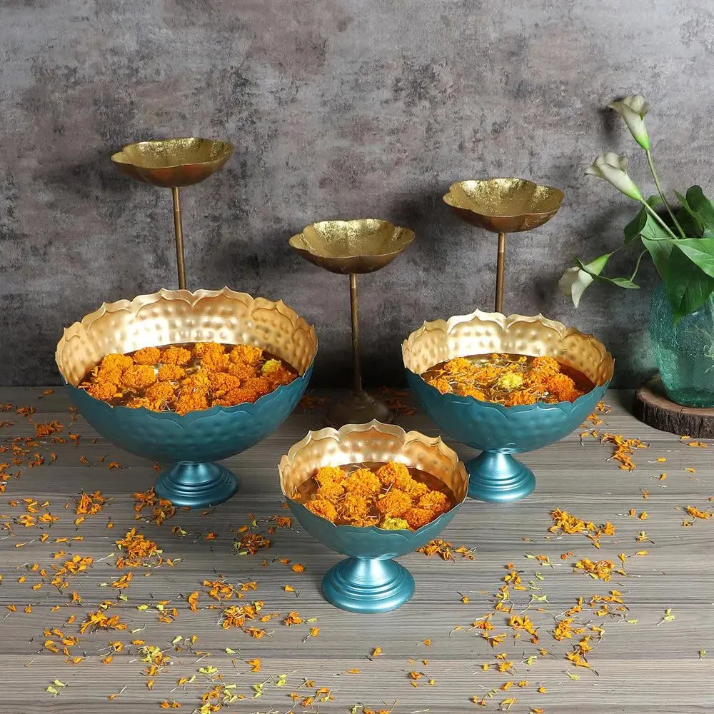 Blue Crown-inspired Urli Bowls with Detachable Tealight Holder (Set of 6)