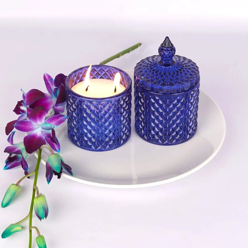 Blue Diamond-cut glass Scented Jar- Set of 2