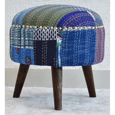 Blue Kantha Gudri Patchwork Three Legged Stool / Pouffe / Ottoman