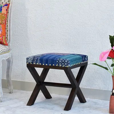 Blue Kantha Gudri Patchwork X Shape Stool / Ottoman