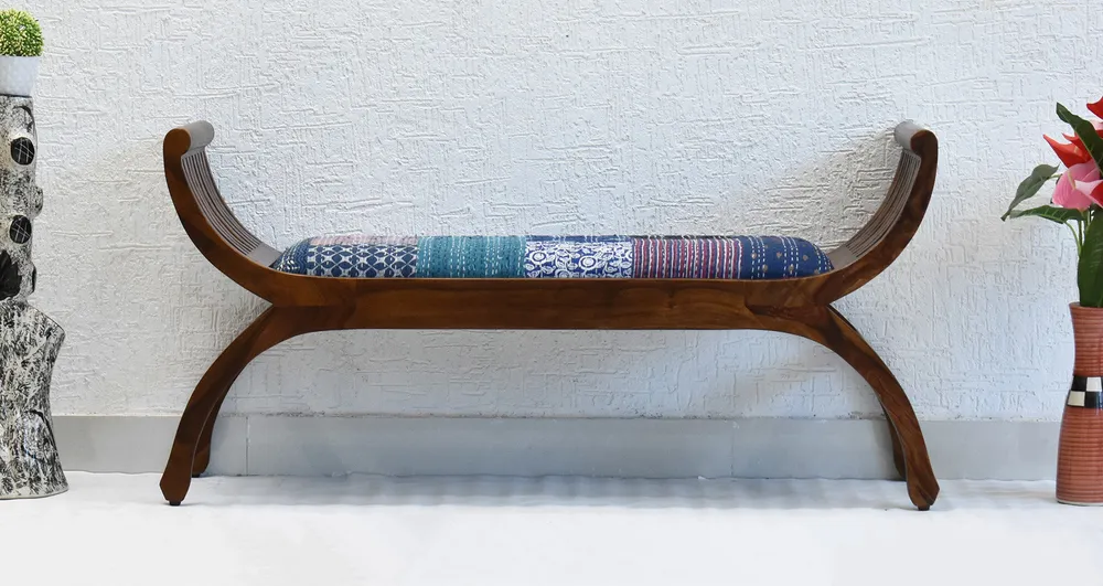 Blue Traditional Kantha Gudri Patchwork Natural Brown Wooden Two Seater Sofa