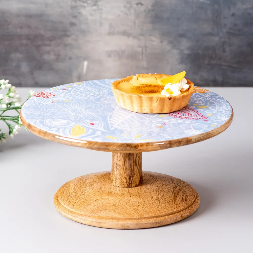 Blue Vintage Printed Textured Wooden Cake Stand