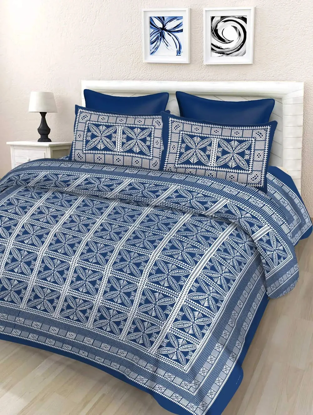 Blue & White Traditional Print 144 TC Cotton Double Bedsheet with Pillow Covers
