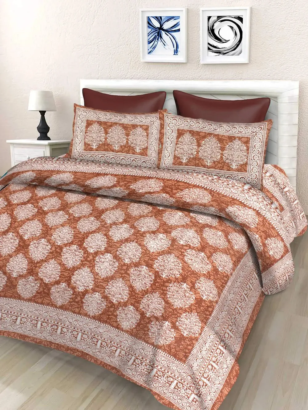 Bordered Brown & White 144 TC Cotton Double Bedsheet with Pillow Covers