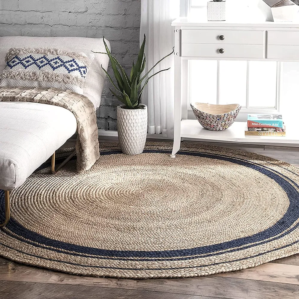 Bottle Green Bordered Artsy Round Jute Rug