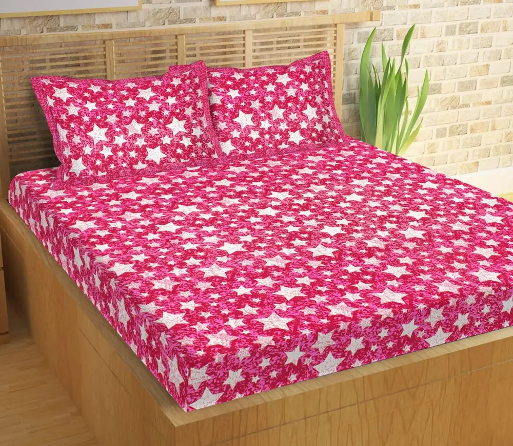 Bright Pink Star Printed 144 TC Cotton Double Bedsheet with Pillow Covers