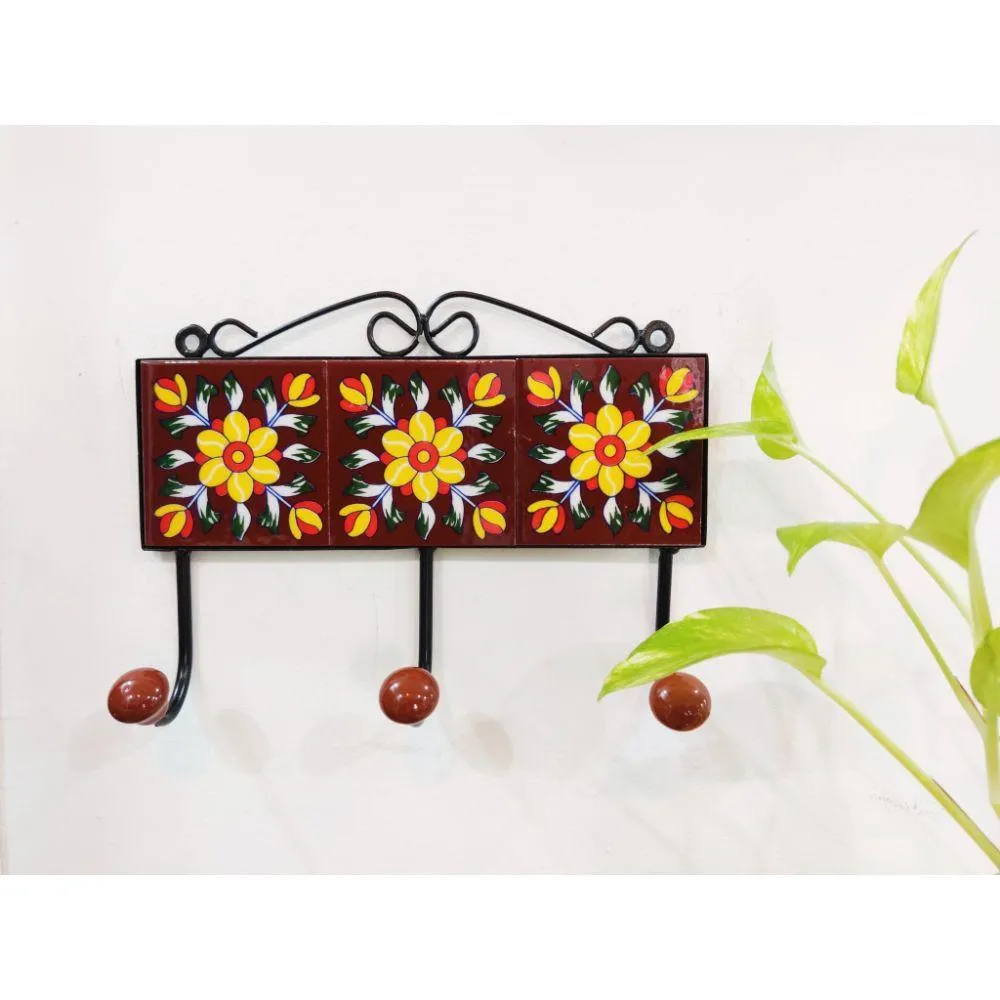 Brown Designer Ceramic Wrought Iron Wall Hook - Set of 2