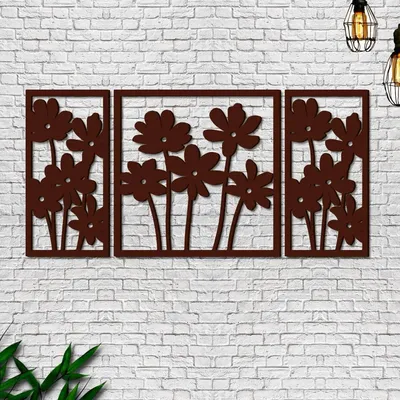 Brown Flowers Design Wooden Wall Hanging, Living Room Wooden Wall Decoration