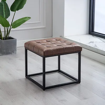 Brown Premium Leatherette Button-Tufted Ottoman / Side Table