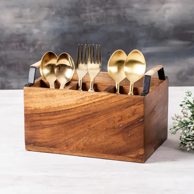 Brown Teak Wood Big Cutlery Holder With Cane