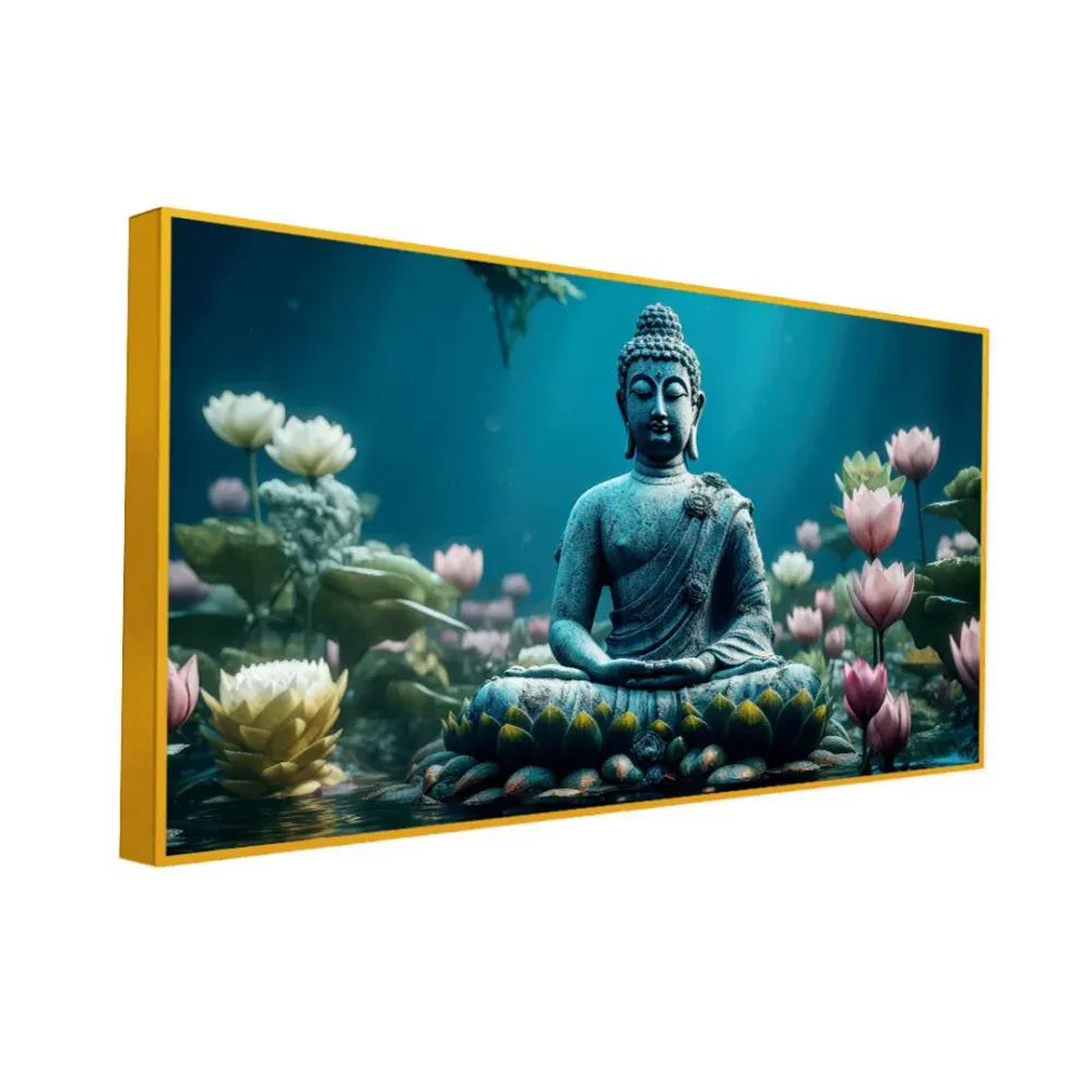 Buddha’s Tranquil Meditation Amidst Blue and Pink Lotus