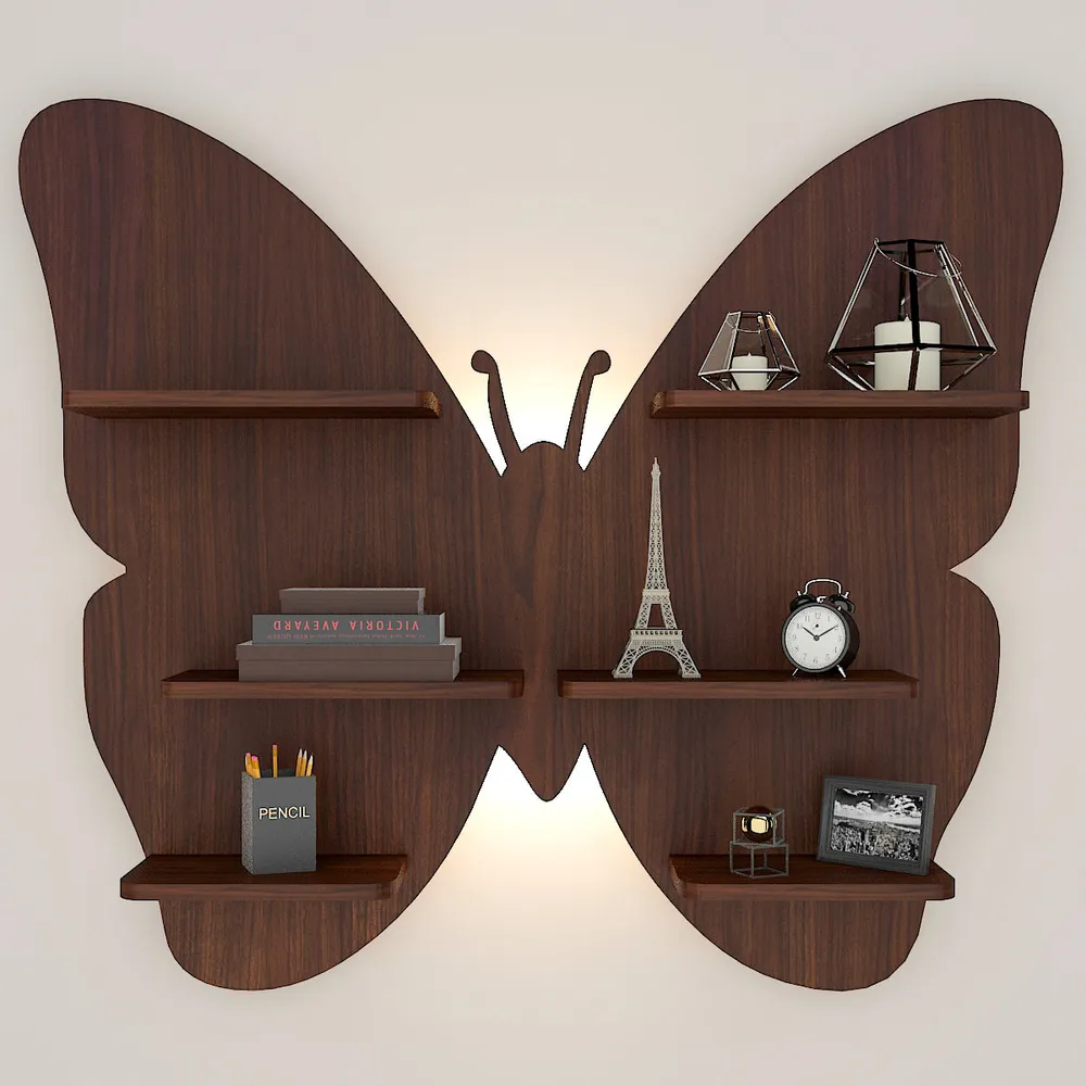 Butterfly Shape Backlit Wood Wall Shelf / Book Shelf / Night Light, Walnut Finish