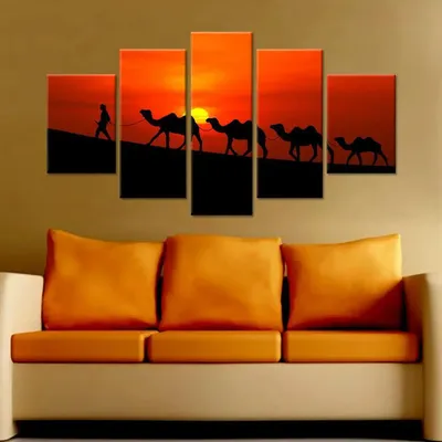Camels in Sunset Scenery Wall Painting/5 Pieces Canvas Print Wall Hanging
