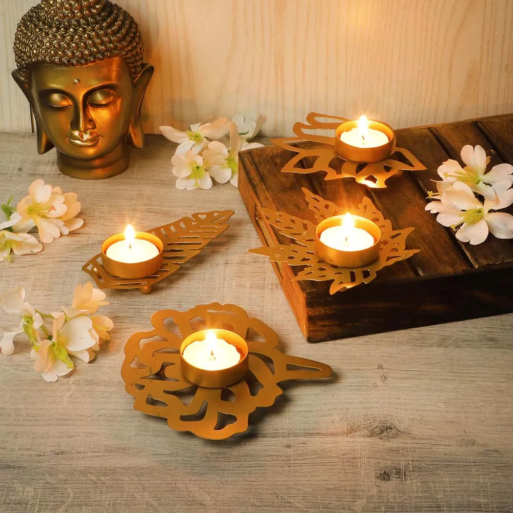 Carved Leaves Designer Metal Tea Light Candle Holders Set Of 4