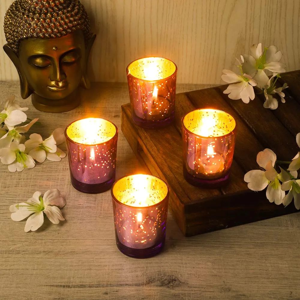 Carved Purple Designer Glass Tea Light Candle Holders Set of 4