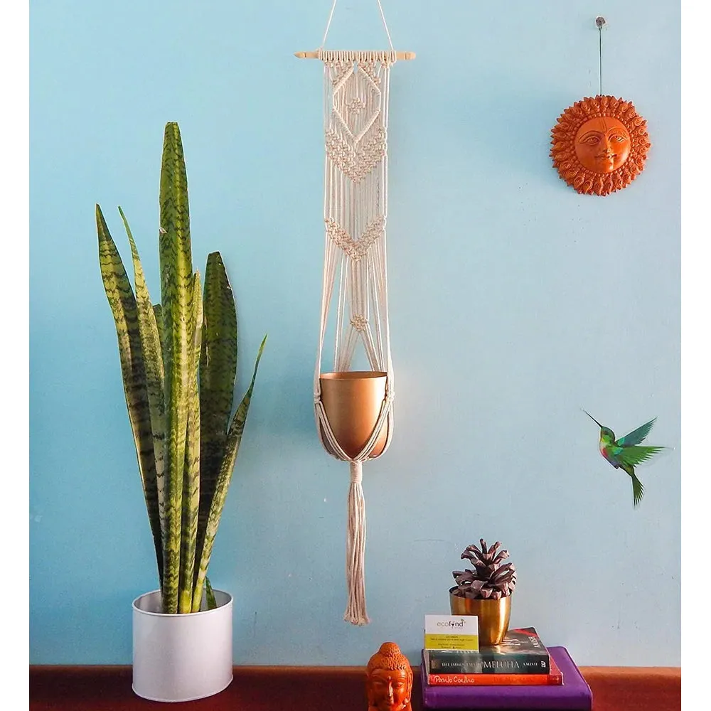 Chic Knotted Cotton Plant Hanger with Gold Metal Pot