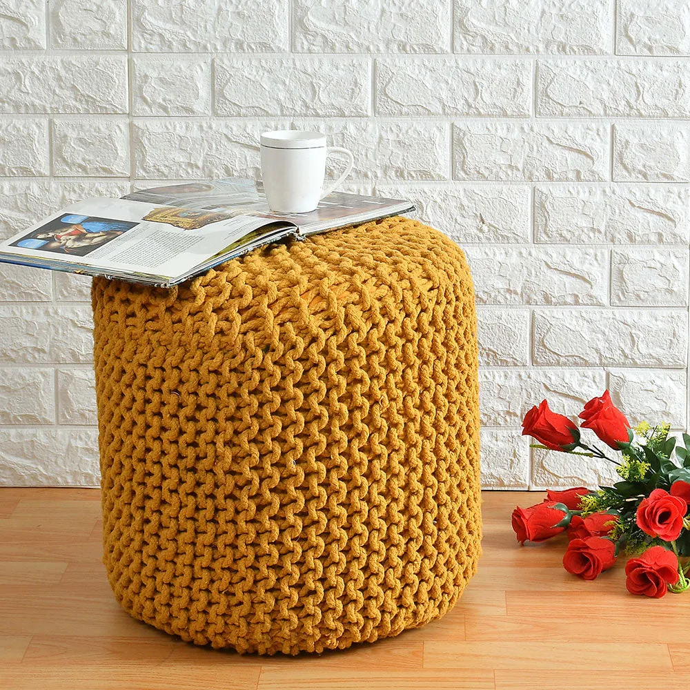 Chrome Yellow Solid Cotton Knitted Pouffe