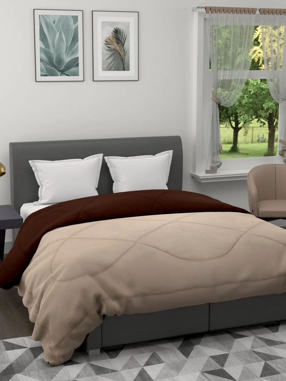 Clasiko Beige & Brown King Size Double Bed Reversible Comforter- 220 GSM