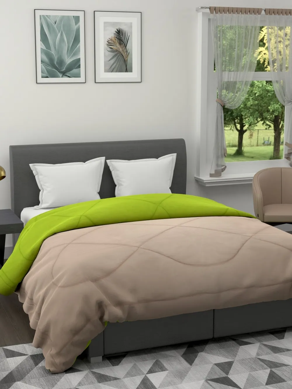 Clasiko Cozy Beige & Green  King Size Double Bed Reversible Comforter- 220 GSM