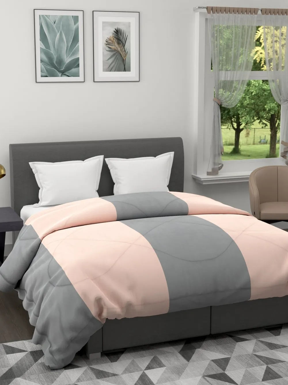 Clasiko Cream & Grey Striped King Size Double Bed Reversible Comforter- 220 GSM