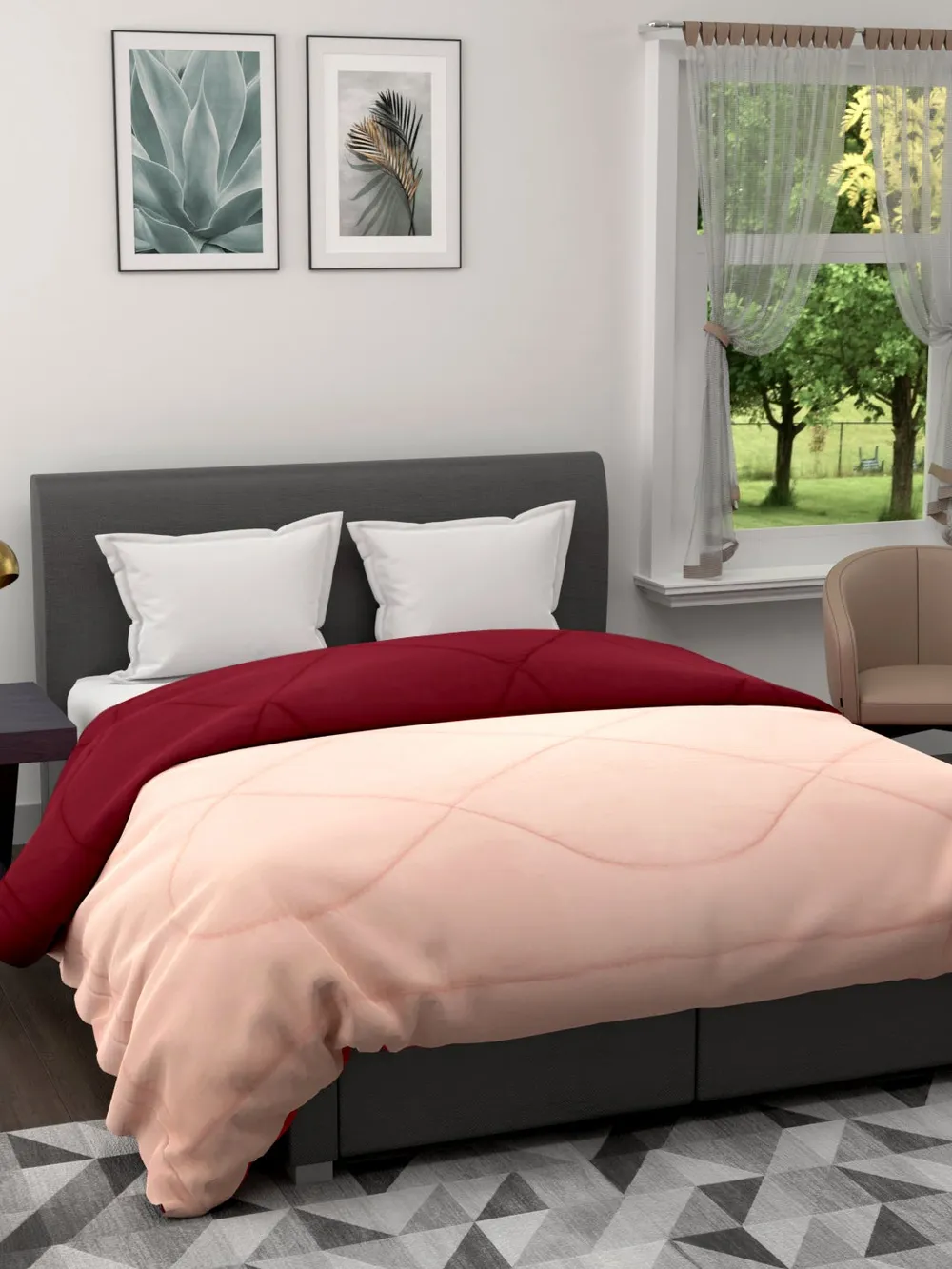 Clasiko Cream & Maroon King Size Double Bed Reversible Comforter- 220 GSM