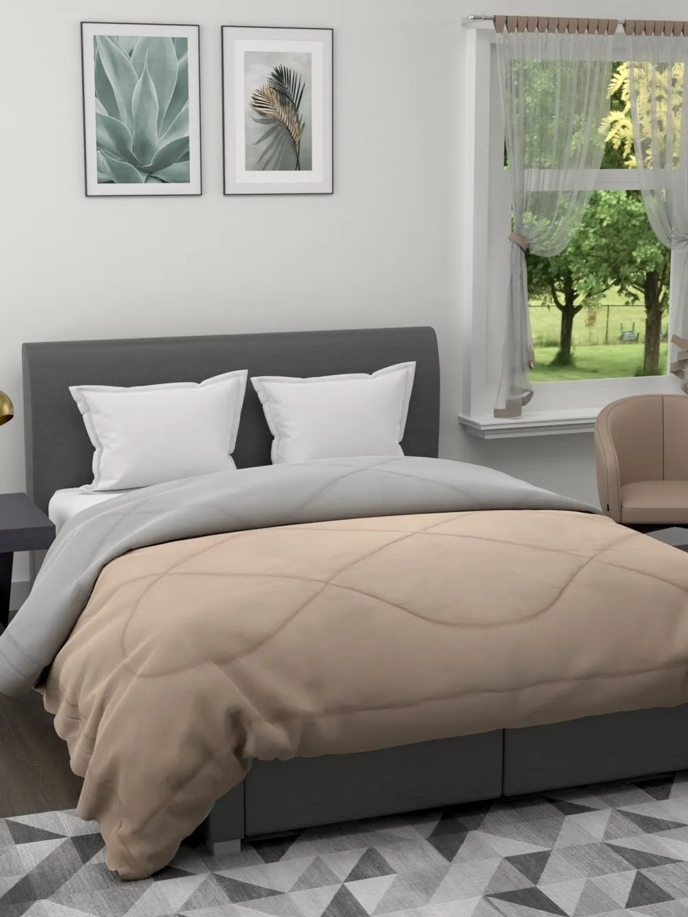 Clasiko Grey & Beige King Size Double Bed Reversible Comforter- 220 GSM