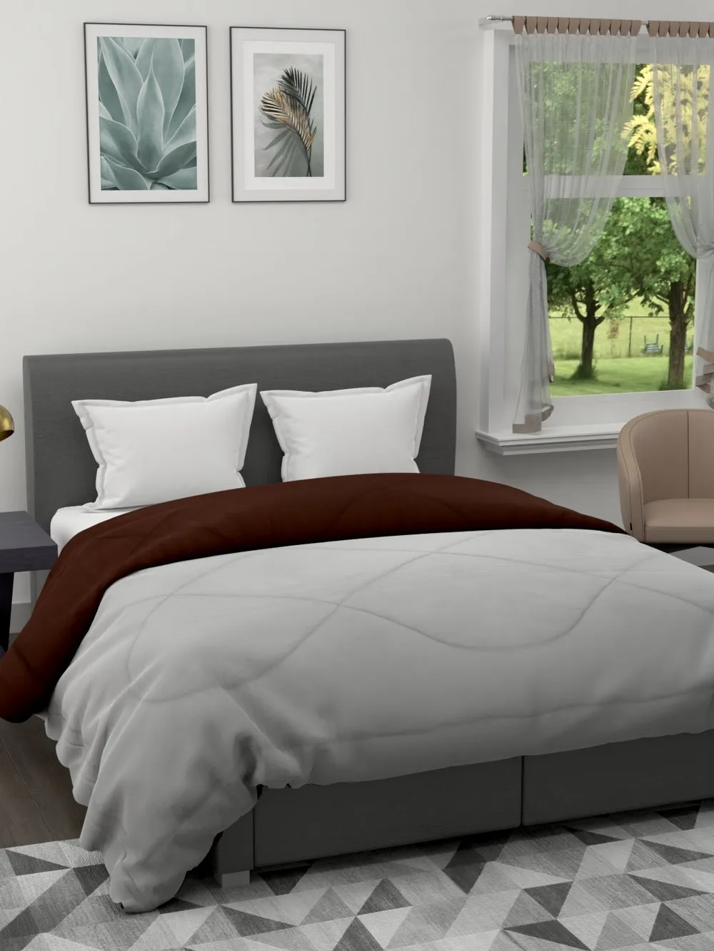 Clasiko Grey & Brown King Size Double Bed Reversible Comforter- 220 GSM