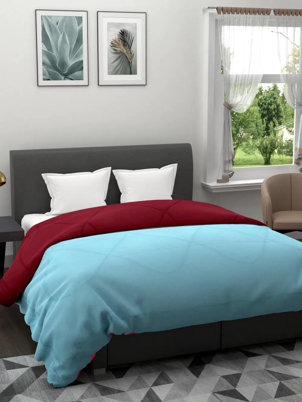 Clasiko Maroon & Blue King Size Double Bed Reversible Comforter- 220 GSM