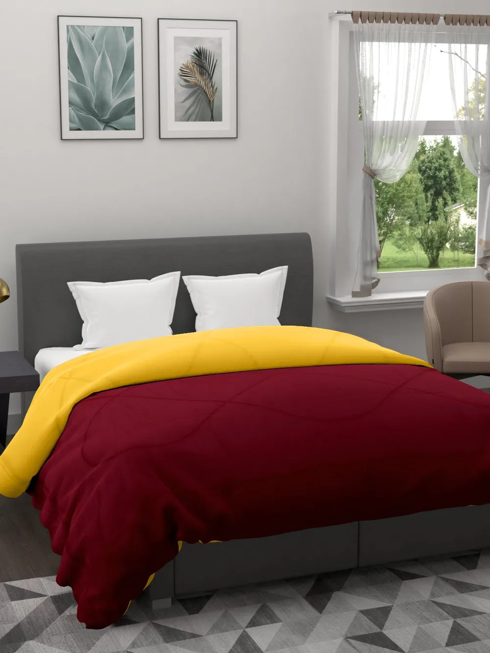Clasiko Maroon & Yellow King Size Double Bed Reversible Comforter- 220 GSM