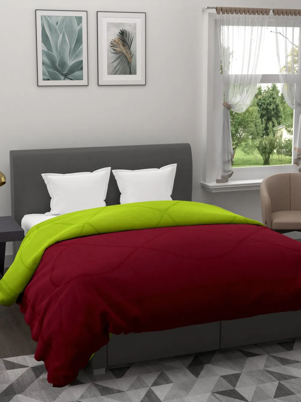 Clasiko Neon Green & Red King Size Double Bed Reversible Comforter- 220 GSM