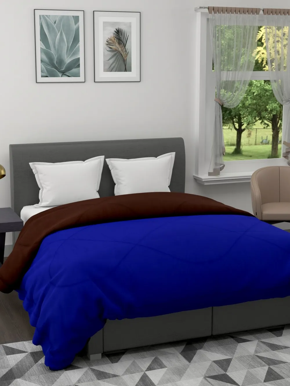 Clasiko Royal Blue & Brown King Size Double Bed Reversible Comforter- 220 GSM