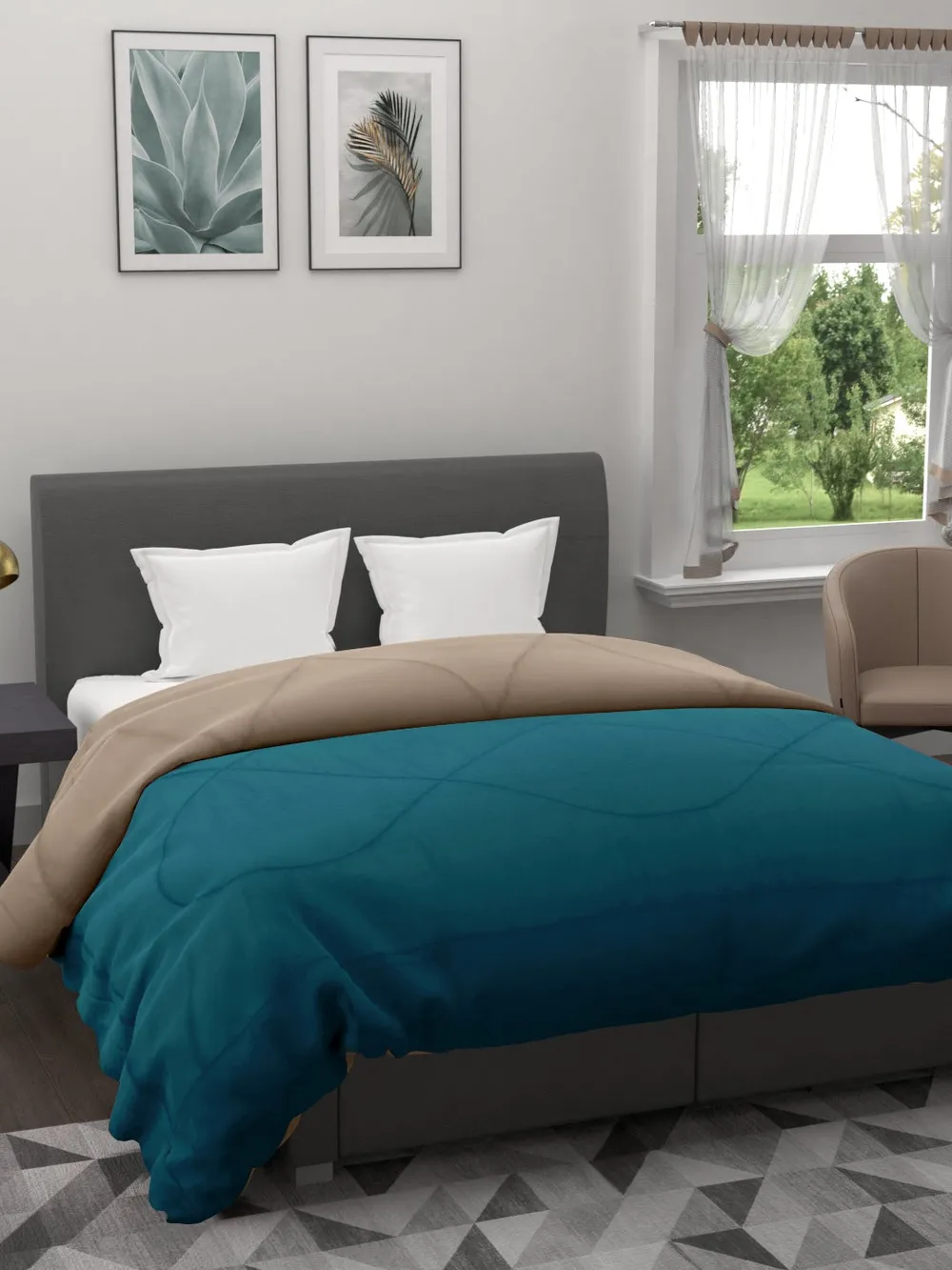 Clasiko Sea Green & Beige King Size Double Bed Reversible Comforter- 220 GSM