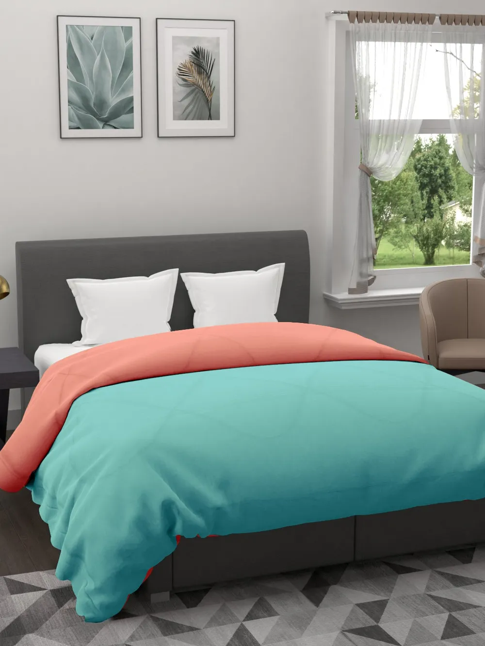 Clasiko Sky Blue & Peach King Size Double Bed Reversible Comforter- 220 GSM