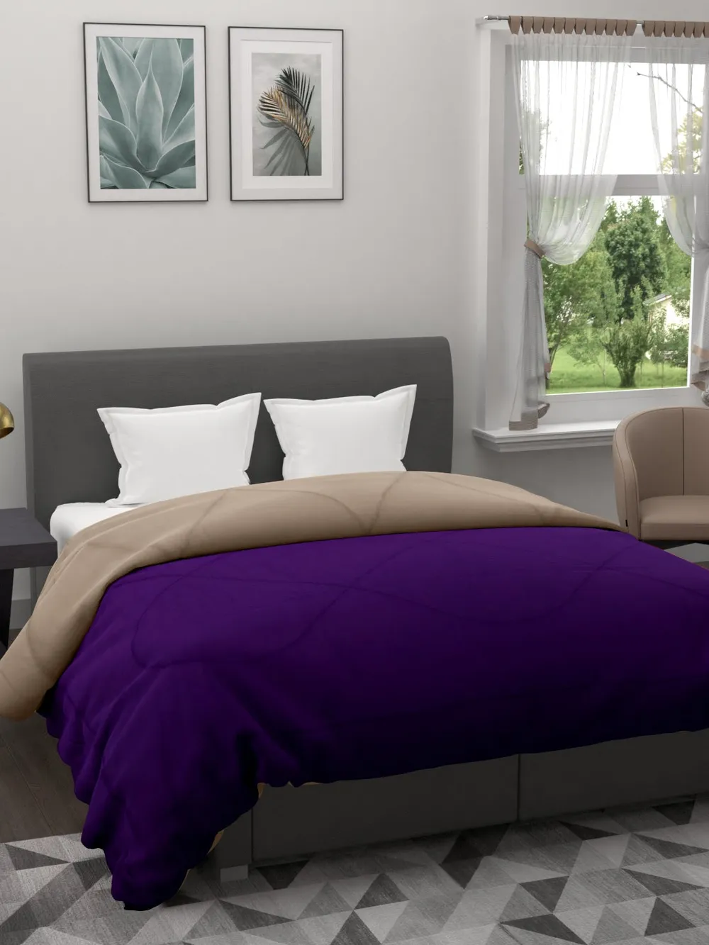 Clasiko Violet & Beige King Size Double Bed Reversible Comforter- 220 GSM