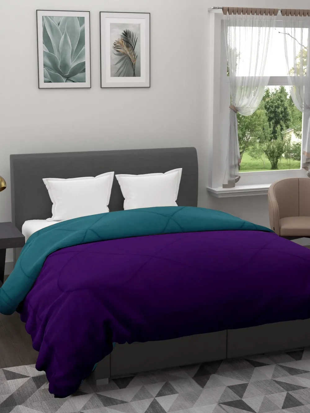 Clasiko Violet & Sea Green King Size Double Bed Reversible Comforter- 220 GSM